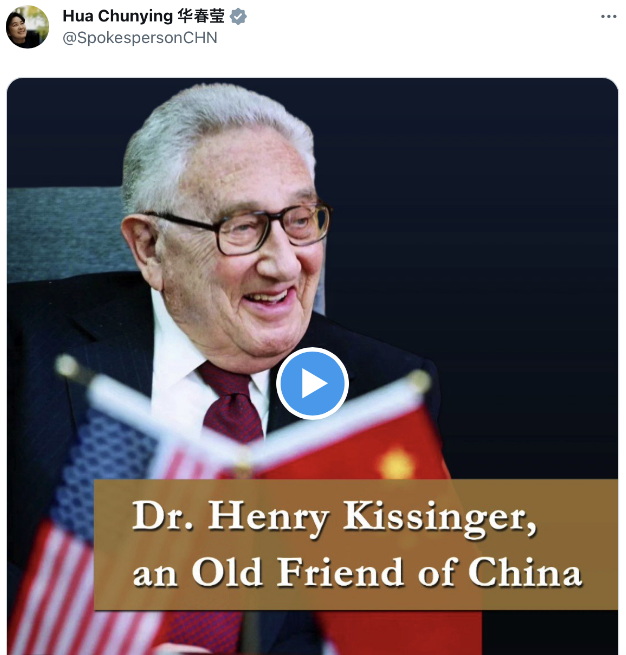 华春莹在社交媒体X上发文表示，“对国际政治家、杰出外交家基辛格博士去世深感悲痛” ...
